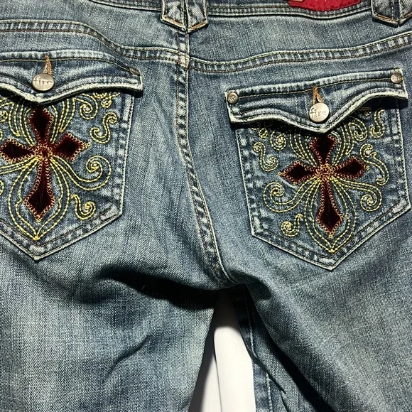 Kut from the Kloth Embroidered Bootcut Jeans Size L Y2K Cross Pocket Denim - Picture 4 of 10
